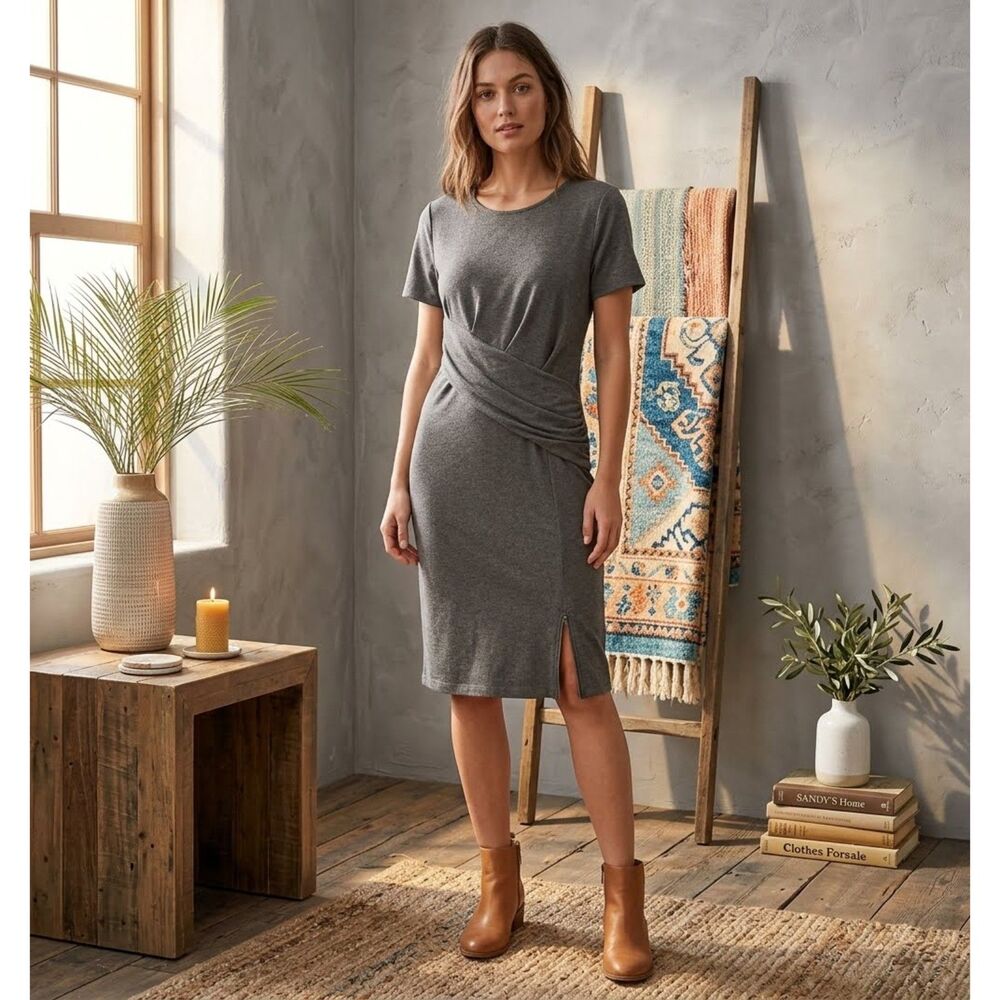 Metaphor Dress Womens L Gray Jersey Knit Pleated Waist Knee Length Stretch